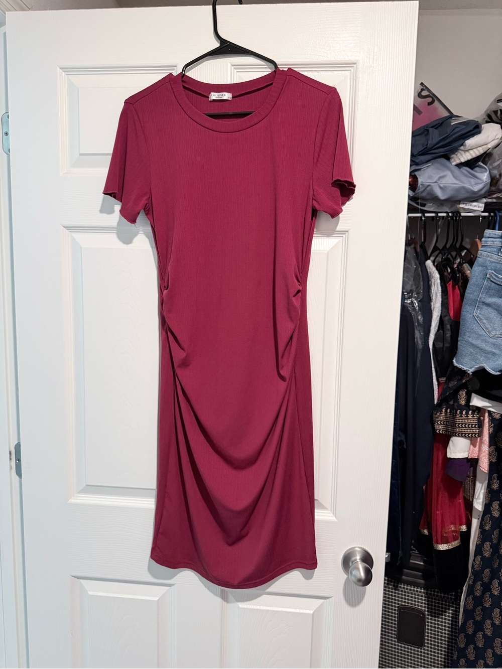 Ribbed Short Sleeve Midi Dress in Berry - Classic Casual
